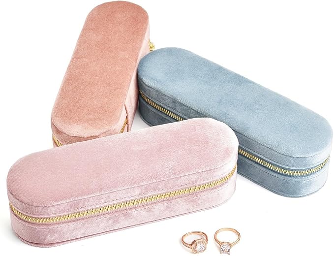 Velvet Ring Earrings Storage Box with 11 Slots, Ear Stud Holder, Zipper Closure Jewelry Organizer (Light Blue)
