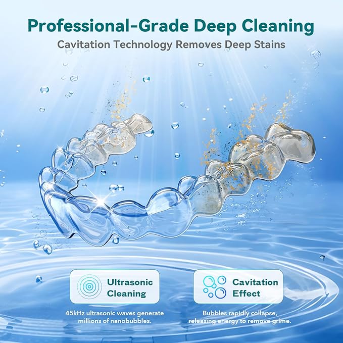 Dental Ultrasonic Retainer Cleaner Machine: 45kHz Dental Cleaning Pod for Denture, Mouth Guard, Night Guard, Aligner, Braces, Toothbrush Head & Jewelry, UV Cleaner with Digital Timer & 4 Modes, Blue
