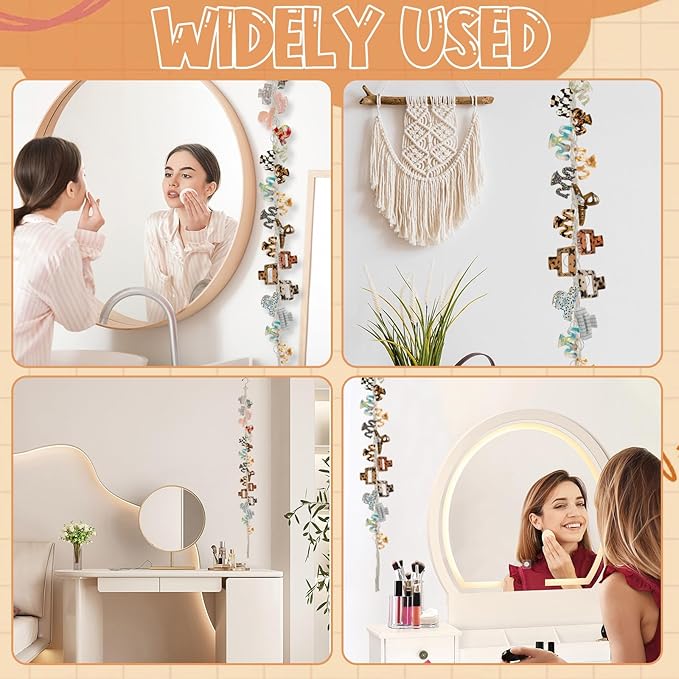 Hanging Braided Hair Clip Organizer with Swivel Hook and 20 Metal Rings, Claw Clip Organizer Daily Necessities for Women, Flexible Hanging Storage Decor for Wall