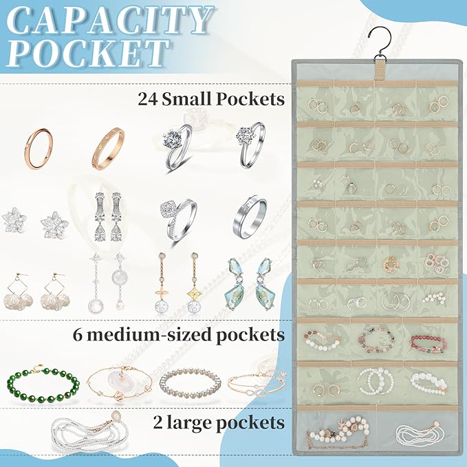 GMAK Hanging Jewelry Organizer with Hanger Metal Hooks, Double-Sided Jewelry Holder Accessories Organizer Storage Roll for Jewelry, Earrings, Bracelets, Necklaces, Rings - Light Grey