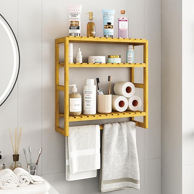 Over The Toilet Storage Bathroom Shelves Wall Mounted 3 Tier Space Saver Corner Shelf Organizer Bamboo Towel Rack Toilet Paper Cabinet with Hanging Rod Yellow