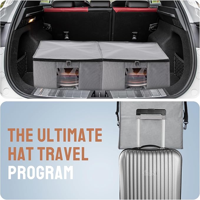 2 Pcs Hat Storage Box Upgrade Stackable Organizer with Lids Cowboy Hat Box Large Square Bag Foldable Closet Sheet Organizer Travel Container for Men Women(Grey)