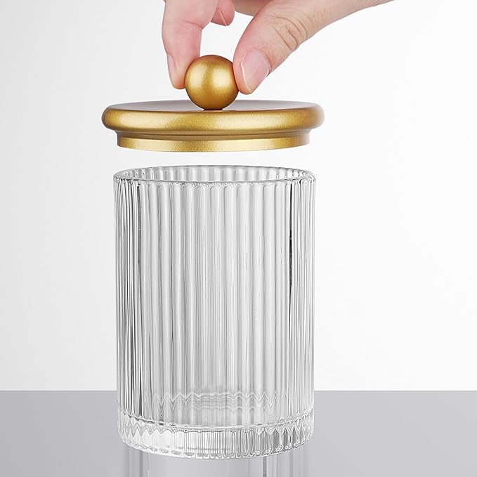 SheeChung 2-Pack Gold Ribbed Glass Qtip Holder - Apothecary Jars Bathroom Organizer with Metal Lids - Countertop Vanity Canister Set for Cotton Swabs, Rounds, Floss Picks-Modern Luxury Decor