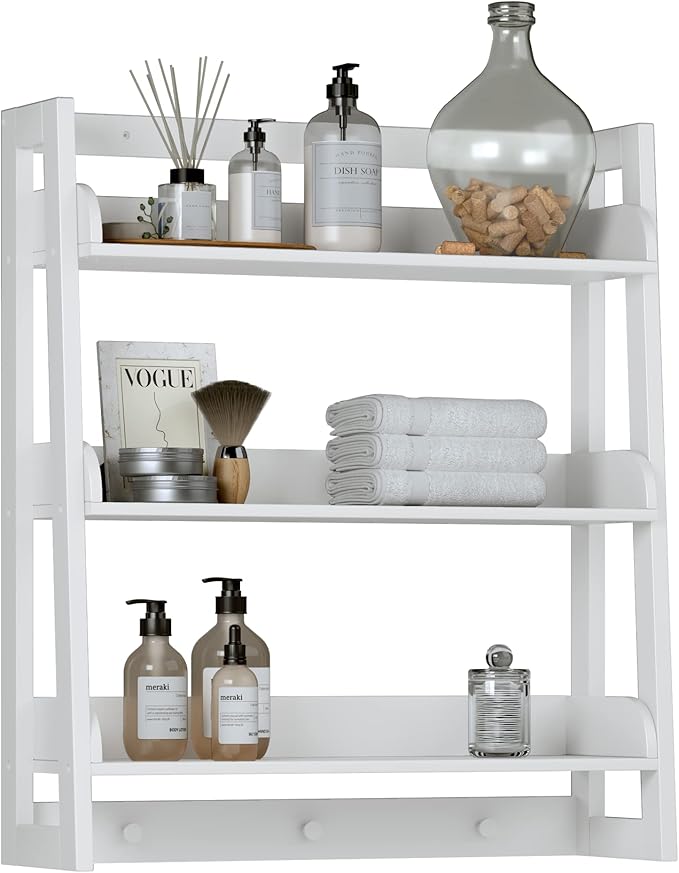 UTEX Bathroom Wall Shelf, Over Toilet Storage Shelf Organizer, 3-Tier Wall Mount Shelf Rack with Hook, White