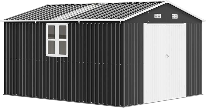 AMERLIFE 10x12x7 FT Outdoor Storage Shed with 2 Transparent Panels, Metal Garden Shed with Hinged Double Doors, 2 Windows & 4 Vents, Reinforced Steel Frame for Backyard, Garden, Dark Gray