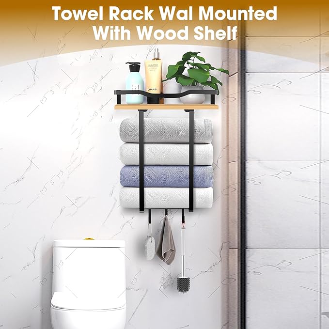 Towel Racks for Bathroom, Wall Mounted Towel Rack for Bathroom, Wall Towel Rack for Rolled Towels, Towel Storage for Small Decor-Black