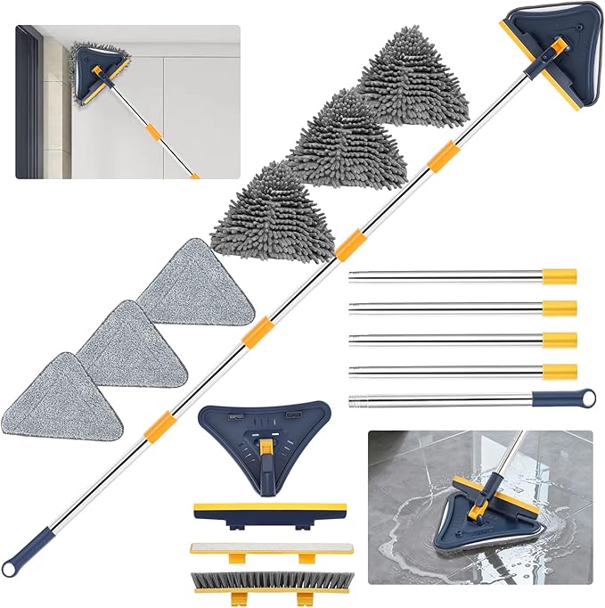 5 in 1 Wall Cleaner Mop, 78 Inch Base Board Cleaner Tool with Long Handle, 360° Wall Washing Tool for Ceiling, Floor and Window Cleaning with 3 Microfiber & 3 Chenille Pads