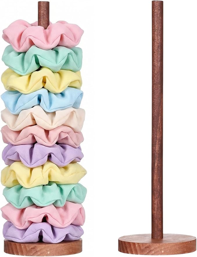 2 Pcs Scrunchie Holder Stand Hair Tie Organizer Vertical 15-20 Scrunchies Hairs Accessories Organizer Display Scrunchy Wood Hair Tie Holder Storage for Women Bathroom Bedroom Decor (Walnut wood, large)
