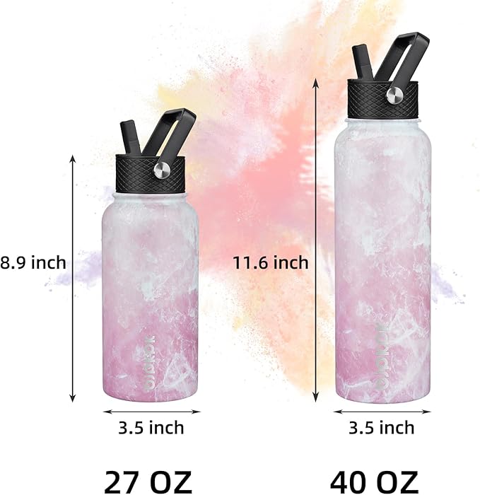 BJPKPK Insulated Water Bottles with Straw Lid, 40oz Stainless Steel Water Bottles with 3 Lids, BPA Free Leakproof Thermo, Tumblers, Cups for Sports, Gym- Blossom