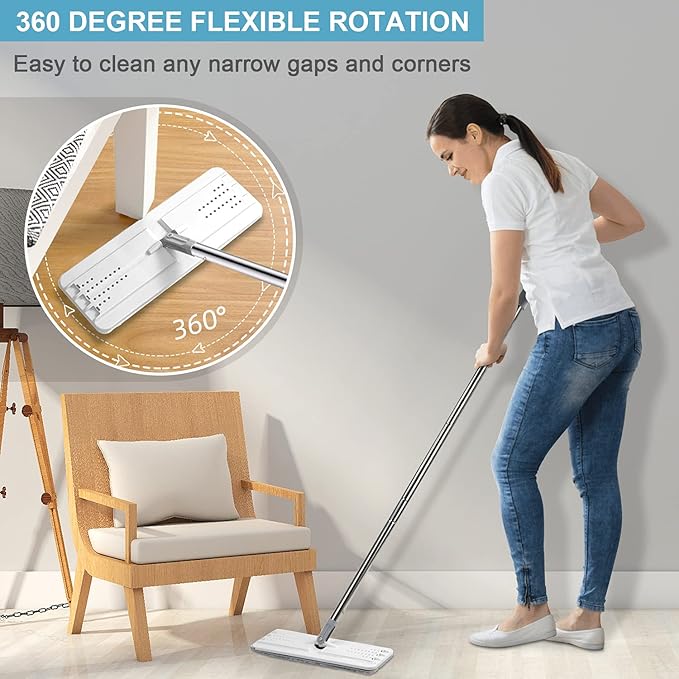 Mop and Bucket with Wringer Set, Hands Free Flat Floor Mop and Bucket, 3 Washable Microfiber Pads Included, Wet and Dry Use, Home Floor Cleaning System for All Floor Types and Windows