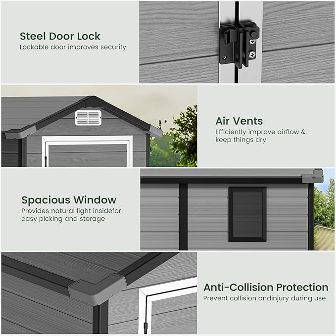 GVDV 4×6FT Outdoor Resin Plastic Storage Shed with Reinforced Floor, All-Weather Plastic Shed with Lockable Door, Window, Waterproof Tool Storage for Garden, Backyard, Patio, Tool Storage