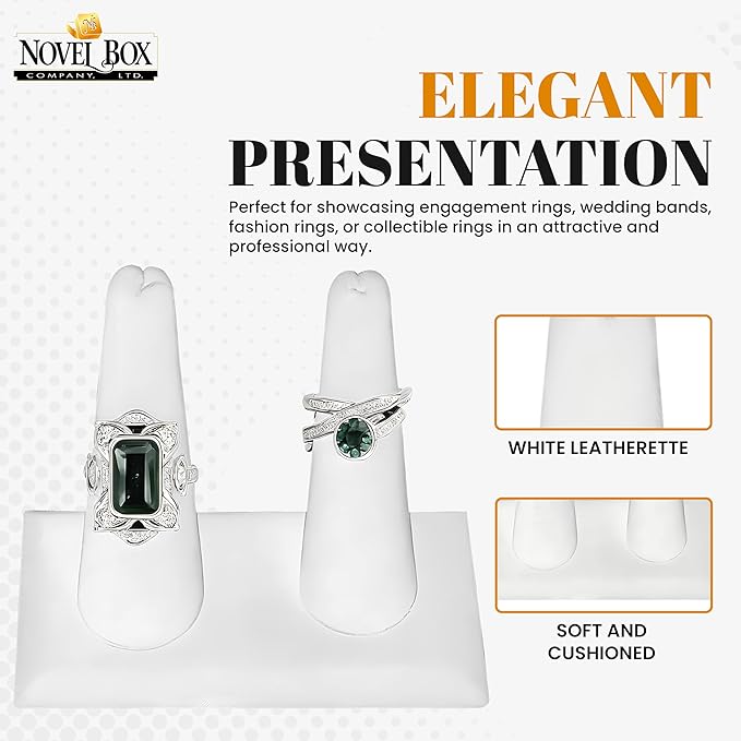 Novel Box 2 Pack White Leatherette Jewelry Double Ring Finger Display Stand 3 5/8 L x 2 1/8 D x2 1/4 H Inches with Square Base - Ring Holder Stand for Selling or Personal Use - Display Stand for Rings