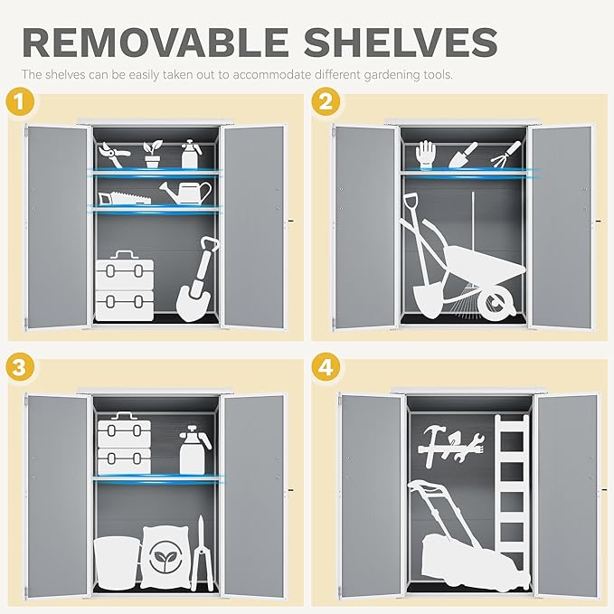 DWVO 50 Cuft Outdoor Tall Storage Shed with 2 Shelves, 4.3x2x5.5ft Vertical Tool Shed with Floor & Lockable Doors, Sturdy Double-Wall Plastic Cabinet for Garbage Cans and Garden Equipment (Gray)