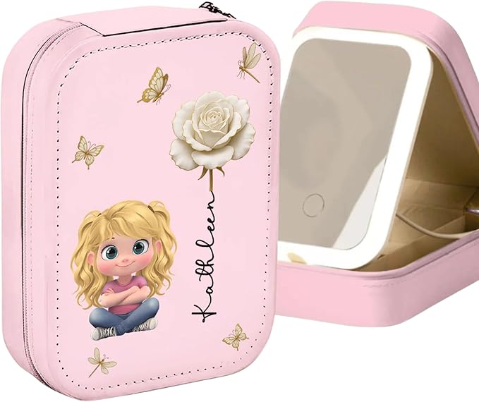 Birth Flower Personalized Jewelry Box with LED Mirror, Cute Cartoon Girl Mirror Jewelry Box, Custom Travel Mirror Jewelry Organizer for Girl Bestie Sister, Birthday Gifts for Girls, Best Friends