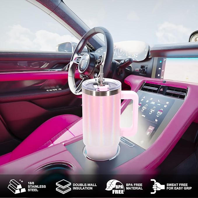 30 oz Shiny Tumbler with Handle and Straw,Stainless Steel Tumbler with Lid and Straw,Insulated Travel Mug(Cold for 34 Hours),Water Bottle for Iced Tea,Coffee (Pink)