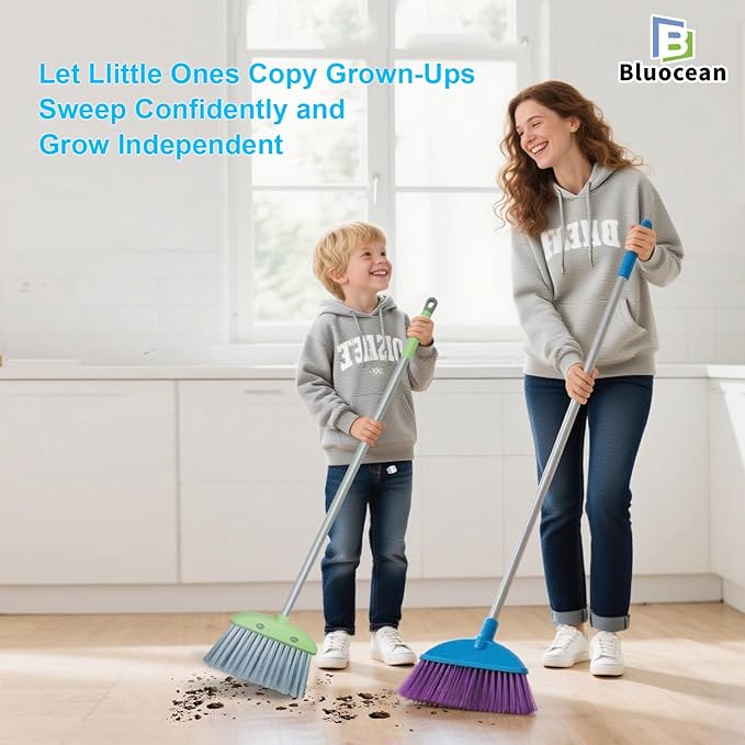 28'' Kids Mini Broom and Dustpan Set - Toddler Cleaning Toy, Toddler Household Helper, Parent-Child Interactive Play Cleaning Tool, Cute Cartoon Design, Small Safe Corner Broom (Green Sprout)