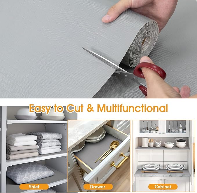 Shelf and Drawer Liner for Kitchen Cabinets Non-Adhesive, Strong Grip Non-Slip Thickened Cabinet Liners for Shelves, Waterproof Mats for Dresser Cupboard, Pure Gray, 17 in x 10 Feet