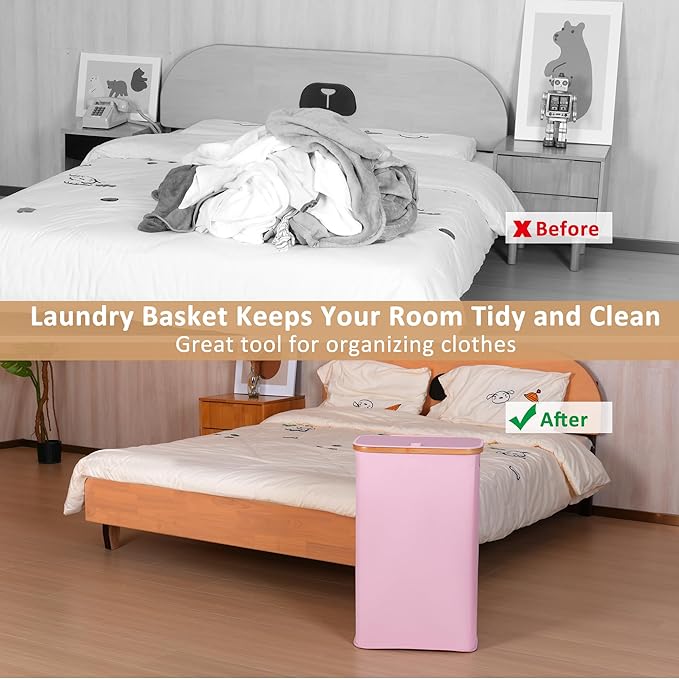 65L Slim Laundry Hamper, Narrow Laundry Basket with Lid,Foldable Clothes Hamper with Bamboo Handles,Hamper Basket with Removable Inner Bag for Laundry Room Bedroom College Dorm,17.17 Gals Pink