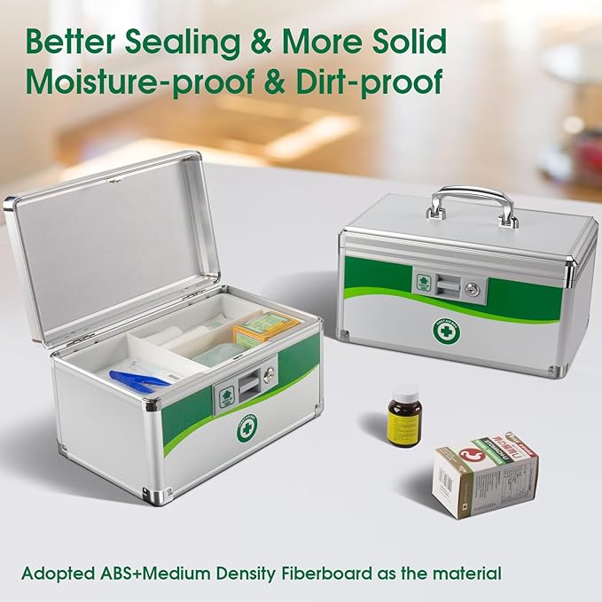 Medicine Lock Box, First Aid Safe Medication Storage Box, Layered Aluminum Daily Medicine Lockable Box with Key (Large)