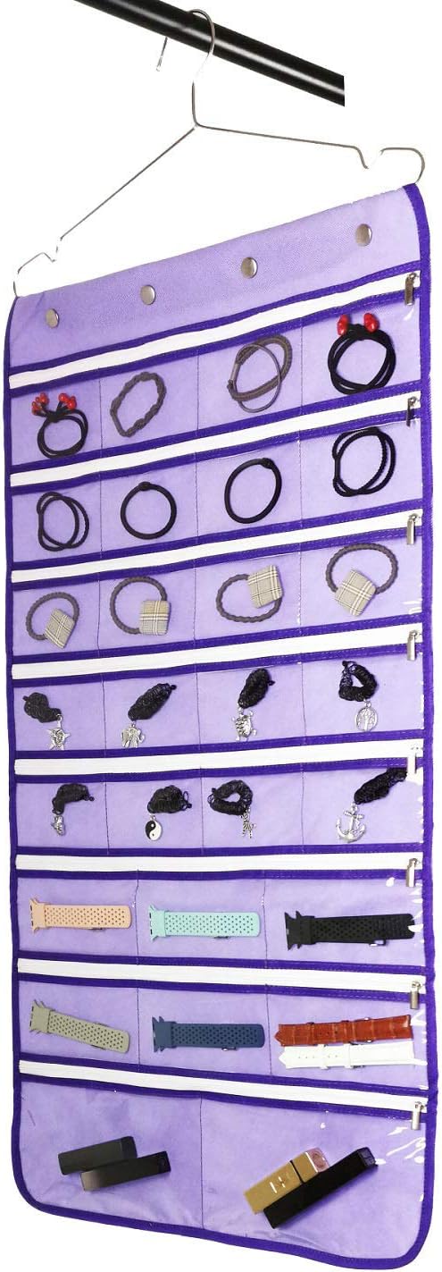 Dual Sided Hanging Jewelry Organizer with Hanger for Closet Necklace Earrings Bracelet Ring Travel Holder (56 Zippered Clear Pockets Purple)