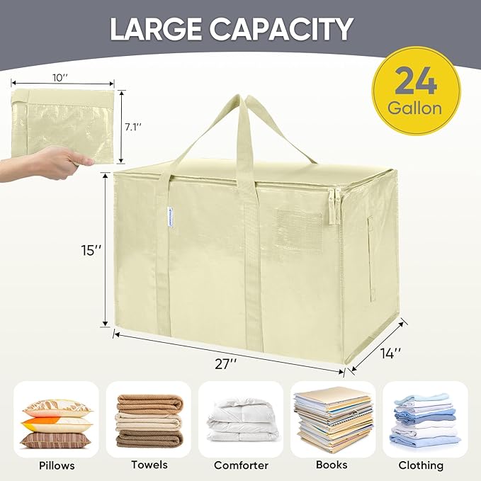 TICONN 8 Pack Extra Large Moving Bags Heavy Duty with Zippers & Carrying Handles, Durable Storage Bags Moving Boxes for Closet Organizers and Storage (8 Pack, Cream)