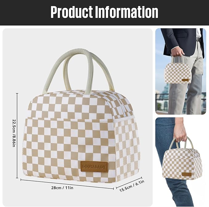 Lunch Bag Women/Men Lunch Box Women/Men (Khaki+White Checkerboard)