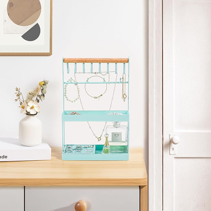 Lolalet 4-Tier Jewelry Organizer Stand with 12 Hooks, Necklace Bracelet Ring & Sunglasses Holder, Cute Metal Jewelry Storage Rack for Vanity, Dresser or Entryway, No Assembly -Light Blue