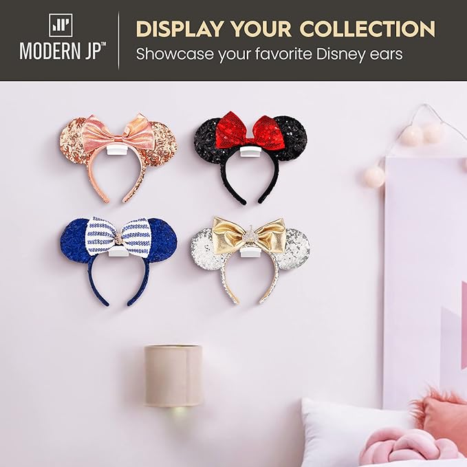 Modern JP Adhesive Hooks for Disney Ears (8-Pack) - Minimalist Disney Ear Holder, No Drilling Headband Holder Design, Strong Hold Headband Organizer - USA Patented, White