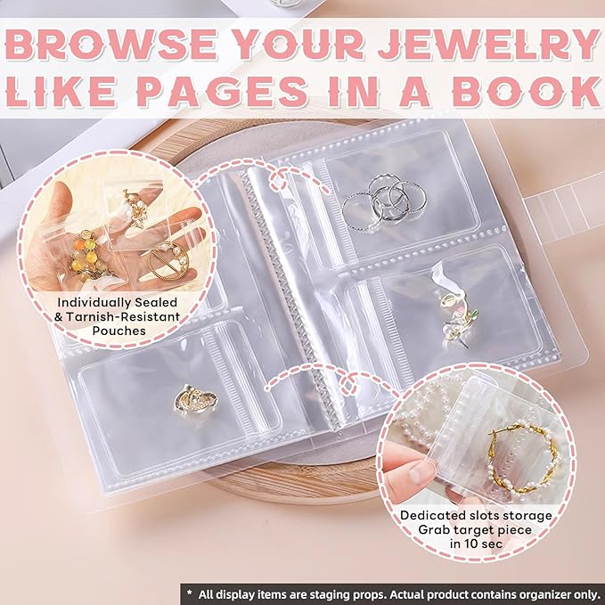 Portable Jewelry Storage Organizer, Clear Double-Sided Protective Folder with Snap Closure, Multi-Compartment Display Book for Necklaces, Earrings, Rings (5 inches - 80)