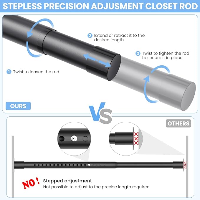 Closet Rods for Hanging Clothes, 17 to 69 Inch Stepless Adjustable Closet Rod, 1.3 Inch Diameter Metal Heavy Duty Closet Hanging Rod for Closet Wardrobes Laundry RV, Black