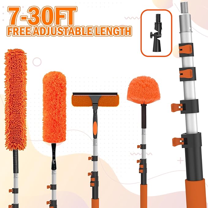 36FT High Reach Duster Cleaning Kit with Extension Pole, High Ceiling Fan Cleaner Duster Tool for Fan Blades, Window Washing Kit with Microfiber Feather Duster & Window Squeegee & Bucket