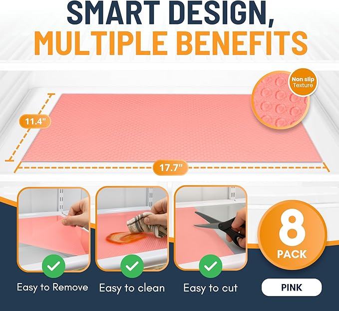 Refrigerator Liners for Shelves (8 Pack) by Linda’s Essentials - Non-Adhesive Shelf or Drawer Liner, BPA-Free Fridge Mats for Kitchen & Cabinets, Easy to Clean, Ideal Household Essentials (Pink)