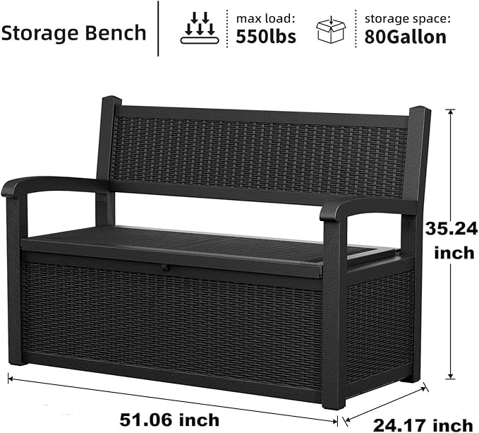 EasyUp 80 Gallon Outdoor Storage Bench Lockable Deck Box Outdoor Storage Box Waterproof for Patio,Garden,and Porch – Perfect for Storing Garden Tools and Cushions(Black)