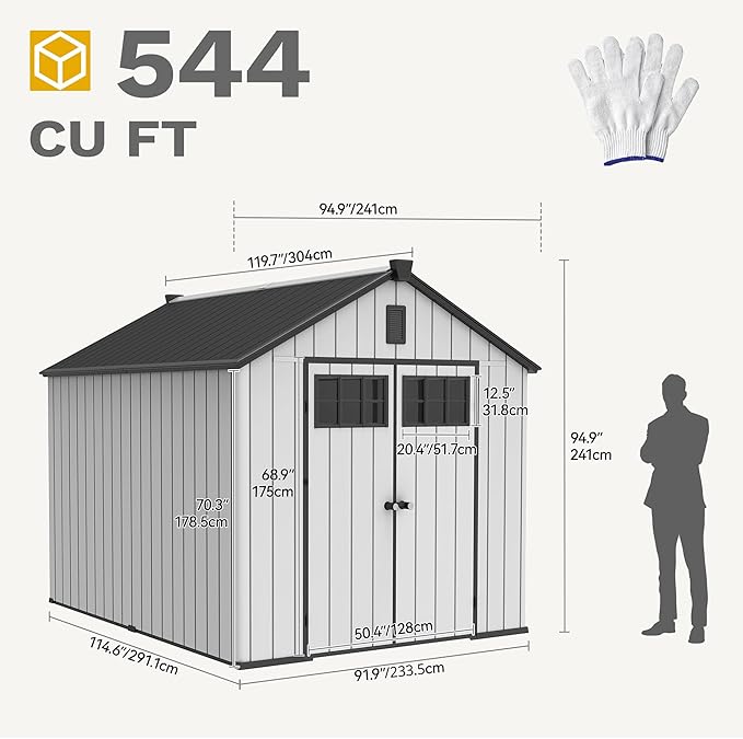 DWVO 8x10 FT Outdoor Storage Shed with Vision Grid Door Panel, 544 cuft Plastic Storage Shed with Floor & Vent, 16mm Heavy Duty Tool Garden Shed for Patio Supplies, Lawn Mower, Bikes, Dark Gray