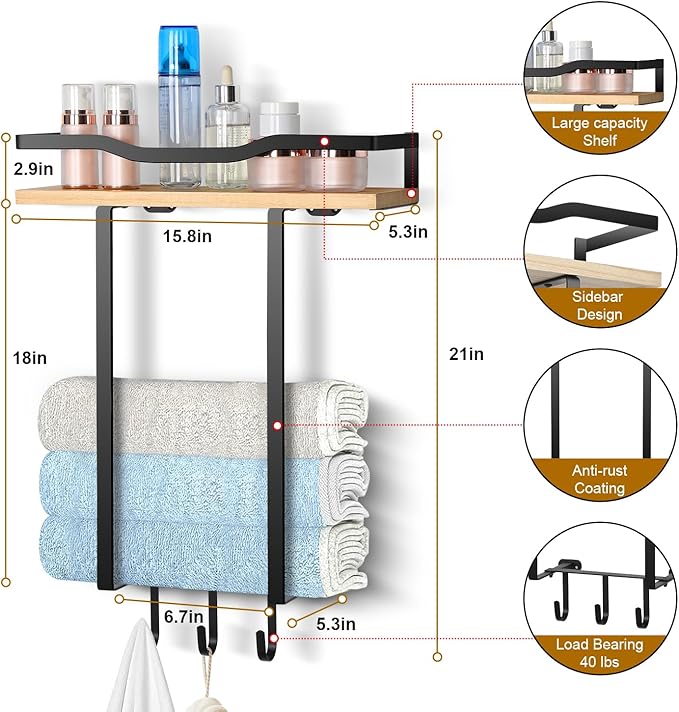 Towel Racks for Bathroom, Wall Mounted Towel Rack for Bathroom, Wall Towel Rack for Rolled Towels, Towel Storage for Small Decor-Black