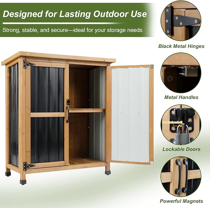 Small Outdoor Storage Cabinet Wood & Metal, Small Garden Tool Storage Cabinet with Asphalt Roof, Double Lockable Doors & Removable Shelves for Porch, Patio, Garden, Backyard