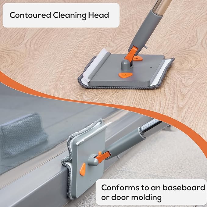 Base Board Cleaner Tool with Handle,360°Rotating Wall Cleaner Mop,180° Folding Ceiling Tool Duster with Squeegee for Cleaning Wall, Ceiling, Window,Floor,8 Replacement Cleaning Pads