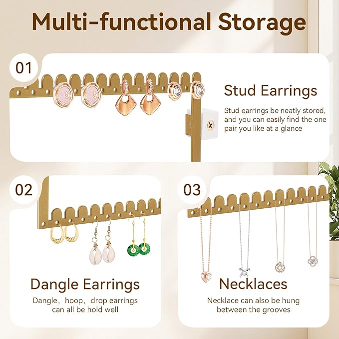 2 Tier Earring Holder Organizer Wall Mounted,2PCS Metal Earring Display Storage with 96 Holes and 92 Grooves Hanging Jewelry Organizer Tree for Stud/Hoop/Dangle Earrings Necklace（Gold）