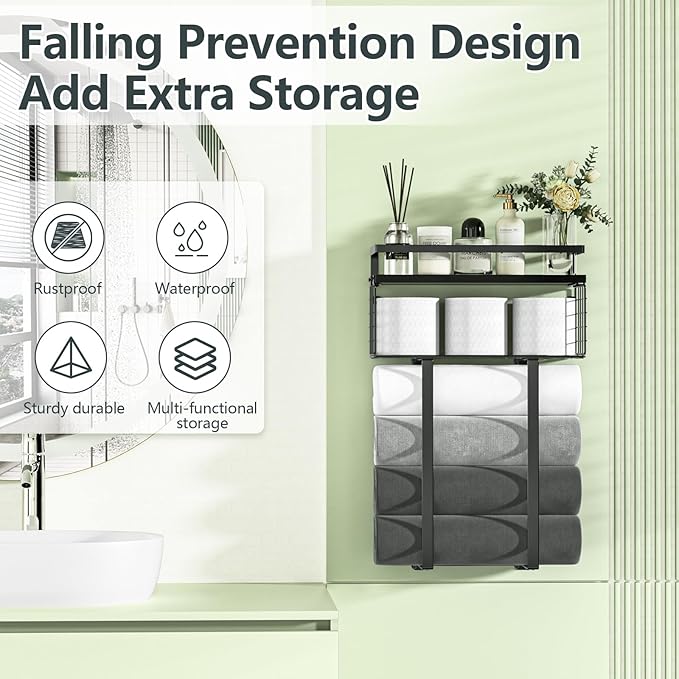 Towel Racks for Bathroom, Metal Towel Holder with Storage Basket,Wall Towel Rack for Rolled Towels, Towel Storage for Small Bathroom,Black