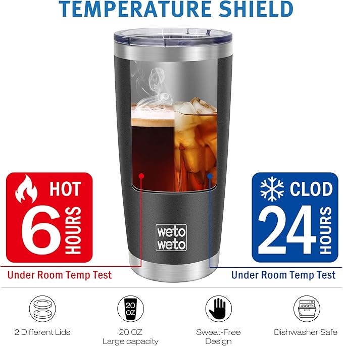 WETOWETO 20oz Tumbler, Stainless Steel Vacuum Insulated Coffee Tumbler Cup, Double Wall Powder Coated Leak-proof Travel Coffee Mug Cup (Black, 1 Pack)