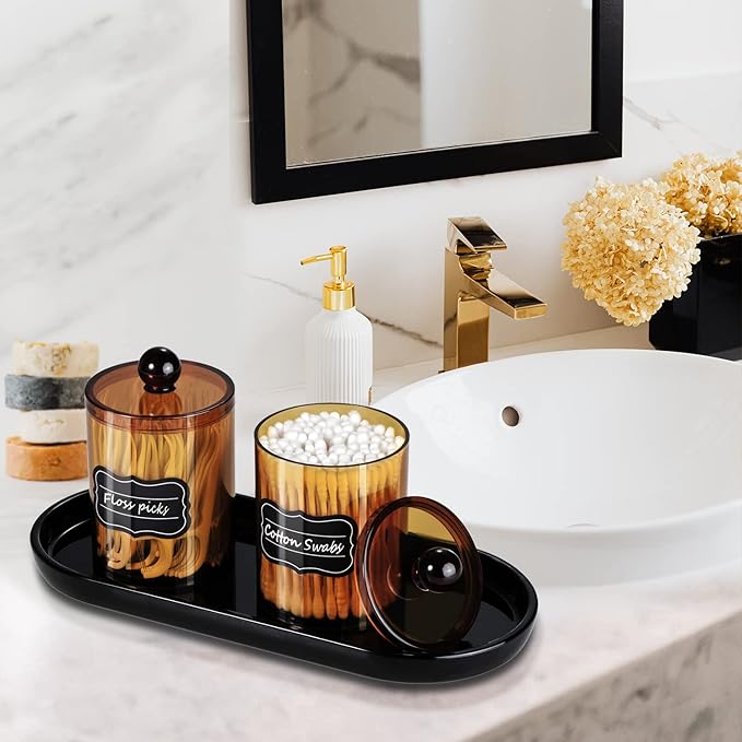 SheeChung 4-Pack Amber Acrylic Apothecary Jars - (2) 10oz & (2) 12oz Qtip Holder Set - Shatterproof Bathroom Vanity Organizer for Cotton Swabs, Balls, Pads - Modern Farmhouse Decor