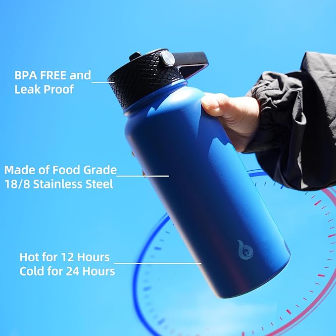 BJPKPK Insulated Water Bottles with Straw Lid, 27oz Stainless Steel Water Bottle with 3 Lids, Leak Proof BPA Free Metal Thermo, Mugs, Tumblers, Keep Cold Hot - Navy Blue