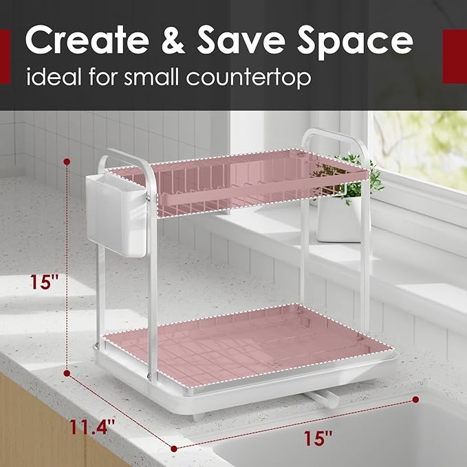 2-Tier Dish Drying Rack - Stainless Steel Dish Rack with Cutlery & Utensil Holders for Kitchen Counter, Sink Organization and Storage for Small Family, 15" W x 11.4" L x 15" H, White