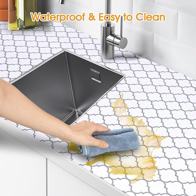 Shelf and Drawer Liner for Kitchen Cabinets Non-Adhesive, Strong Grip Non-Slip Thickened Cabinet Liners for Shelves, Waterproof Mats for Dresser Cupboard, White/Gray, 17 in x 20 Feet