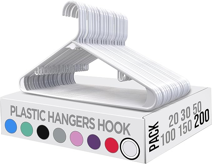 Utopia Home Plastic Hangers 200 Pack - Clothes Hanger with Hooks - Durable & Space Saving (White)