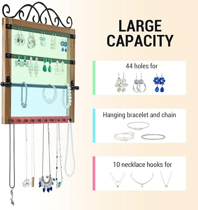 MyGift Premium Acacia Wood & Black Metal Wall Mounted Jewelry Organizer – Scrollwork Design Holder for Necklaces, Earrings, Bracelets & Accessories