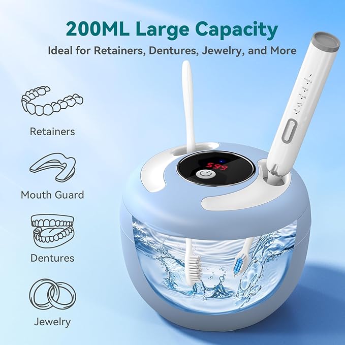 Dental Ultrasonic Retainer Cleaner Machine: 45kHz Dental Cleaning Pod for Denture, Mouth Guard, Night Guard, Aligner, Braces, Toothbrush Head & Jewelry, UV Cleaner with Digital Timer & 4 Modes, Blue