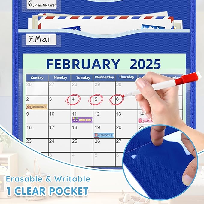 15" Extra Wide Hanging File Organizer with 8 Pockets - Heavy Duty Classroom Pocket Chart, Wall Mounted Document Organizer with Writable Clear Pocket, 5 Wall/ Door Hooks & 12 Labels (Blue)