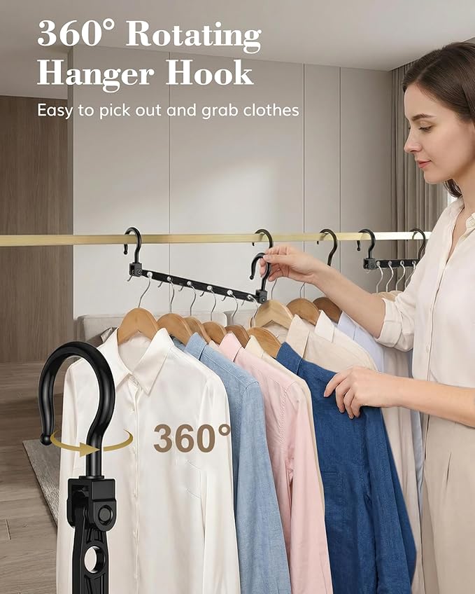 Space Saving Hangers for 96 Clothes, Reinforced Collapsible Hangers with 360° Swivel Hook, Hanger Hooks Space Saver for Closet Organizers and Storage, Dorm Room Essentials, Fully Assembled, Black