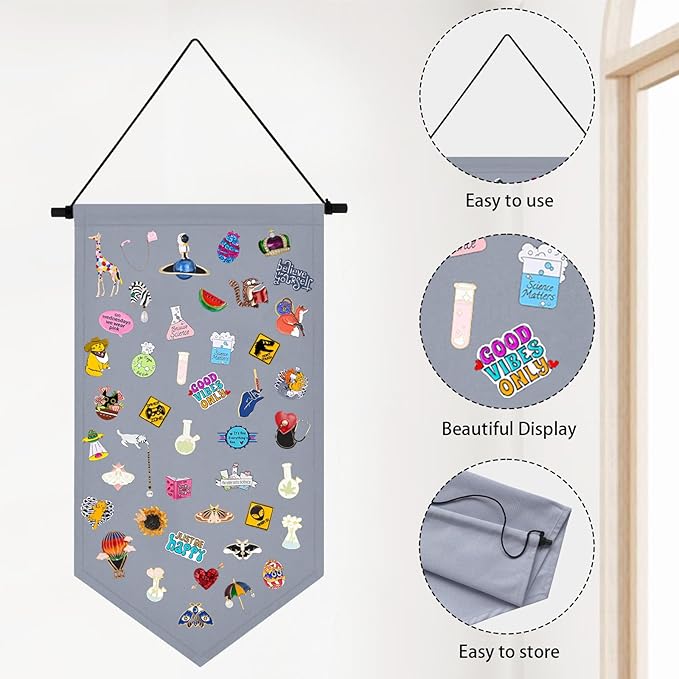 Winmany Wall Hanging Brooch Jewelry Storage Case Canvas Display Stand Enamel Pin Display Banner Holder Earrings Necklace Glitter Pin Collection Organizer (Grey)